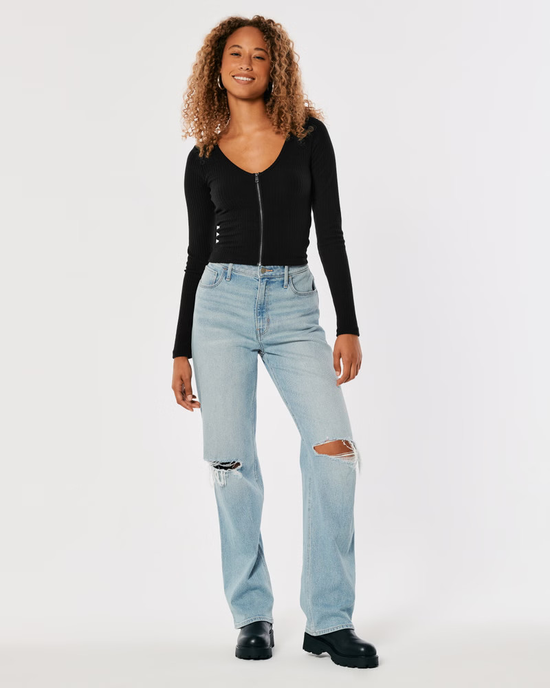 Women's Ribbed Full-Zip V-Neck Top | Women's Up To 60% Off Select Styles | HollisterCo.com | Hollister (US)