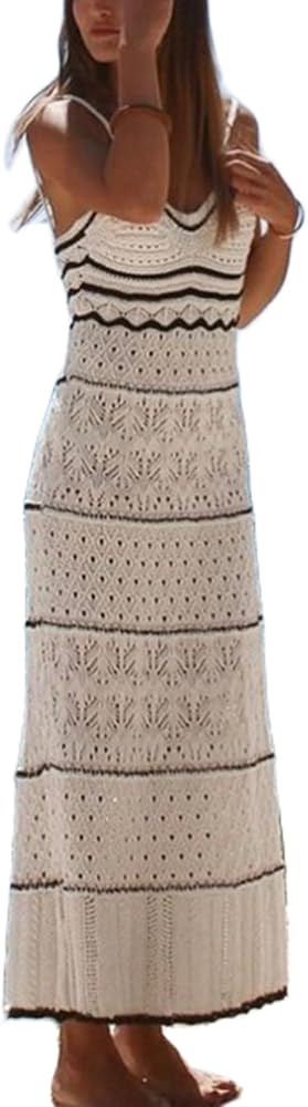 MAINESAKA Womens Crochet Maxi Dress Sleeveless Spaghetti Strap V Neck Cami Dress Knit Beach Boho ... | Amazon (US)