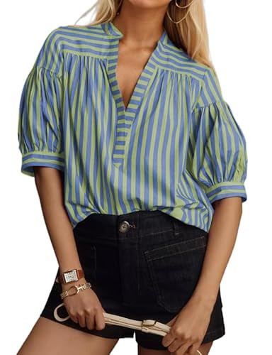 Women Short Puff Sleeve Striped Blouses Tops V Neck Loose Fit Stripes Swing Top Casual Summer Going Out T Shirts | Amazon (US)