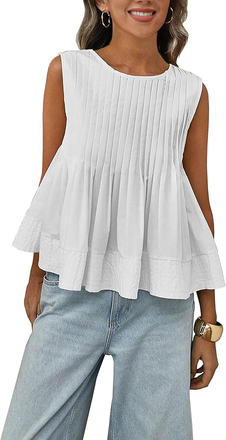 Womens Summer Pleated Peplum Sleeveless Blouse Tank Tops Round Neck Y2K Babydoll Blouse Shirt | Amazon (US)