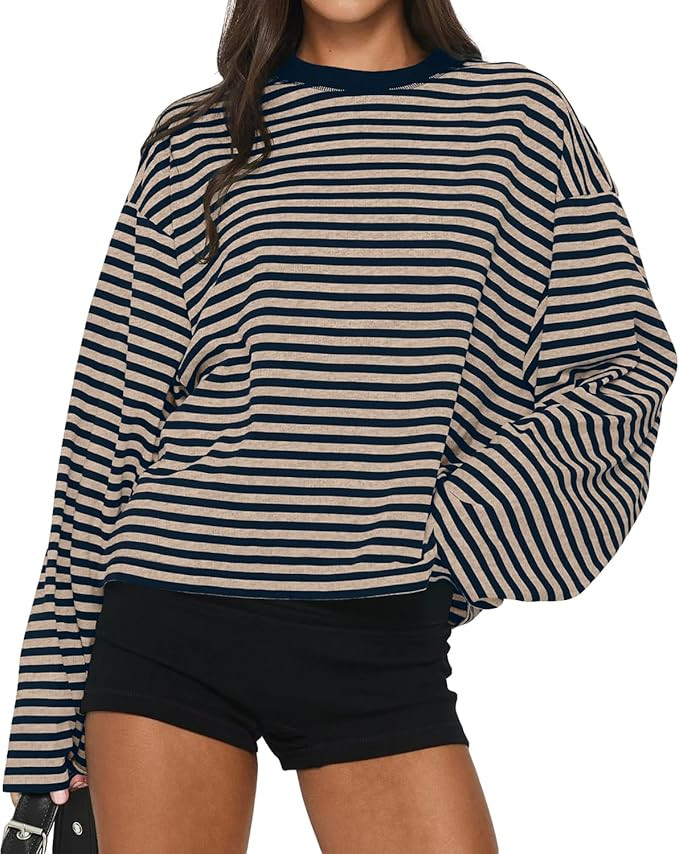 Cioatin Women Oversized Long Sleeve Striped Tee Shirt Tops Y2K Aesthetic Preppy Crewneck Sweatshi... | Amazon (US)