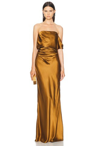 The Sei Strapless Arm Drape Gown in Umber - Brown. Size 4 (also in ). | FWRD 