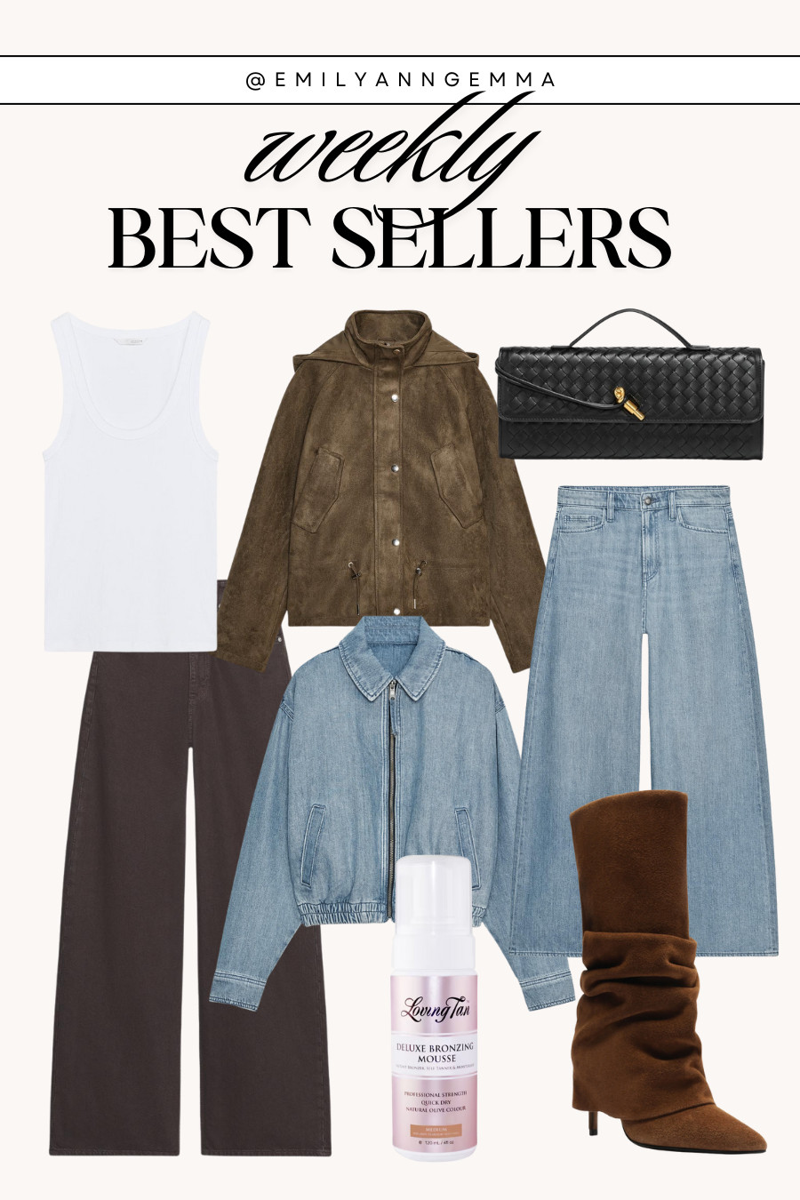 Weekly best sellers!

Fall pieces including Zara jackets, denim on denim outfit, a woven bag from Amazon, white tank, suede boots, and self tanner. 

 #LTKSeasonal #LTKFindsUnder100 #LTKStyleTip