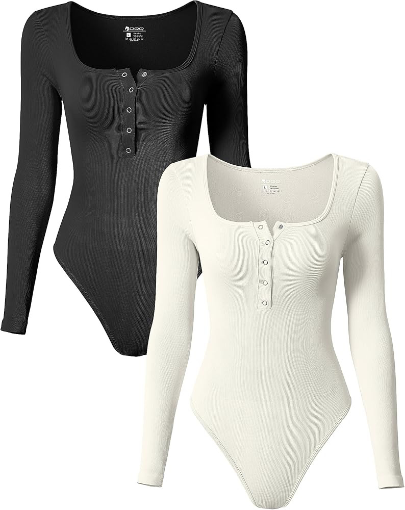 OQQ Women's 2 Piece Bodysuits Sexy Ribbed One Piece Long Sleeve Button Square Neck Tops Bodysuits | Amazon (US)