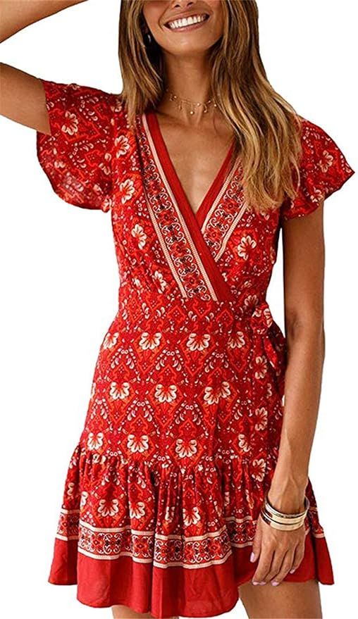 TEMOFON Women's Dresses Summer Wrap Bohemian Floral Printed Ruffle Hem Short Sleeve V-Neck Beach ... | Amazon (US)