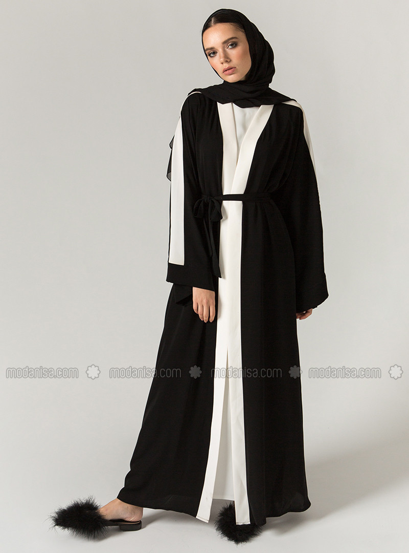 Black - White - V neck Collar - Abaya - ZEYYEN | Modanisa (US)