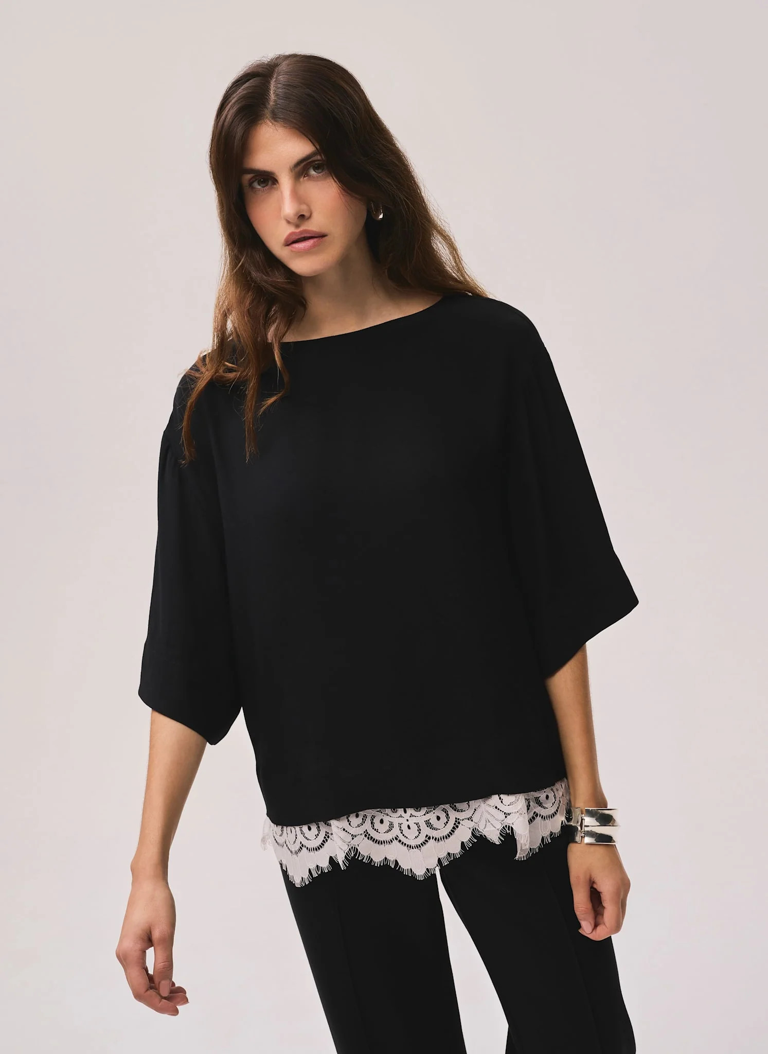 Black Satin Lace Trim Top | Mint Velvet