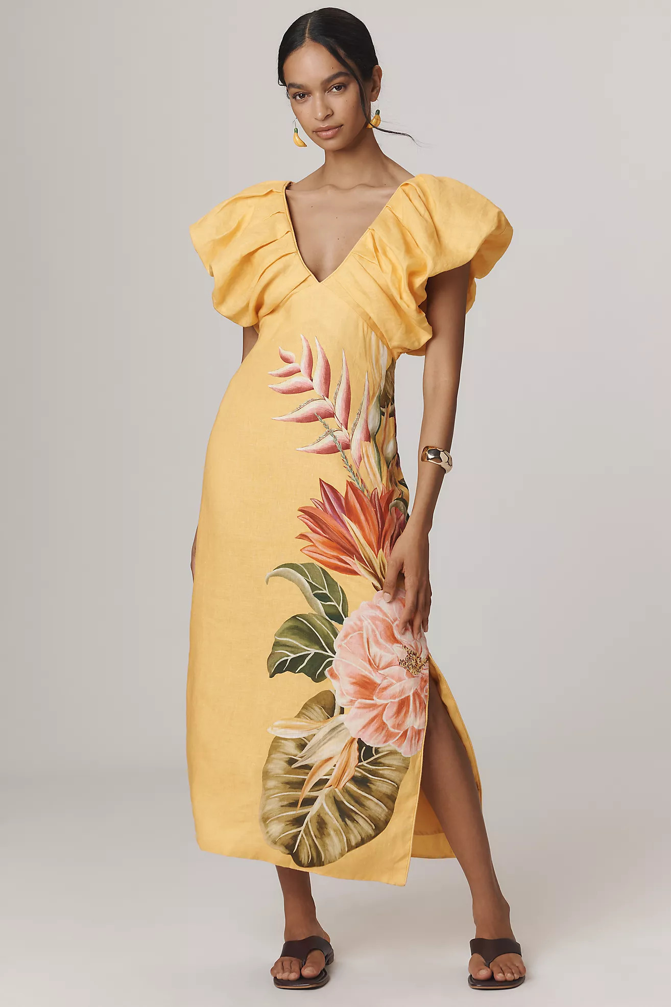 Farm Rio V-Neck Linen Midi Dress | Anthropologie (US)