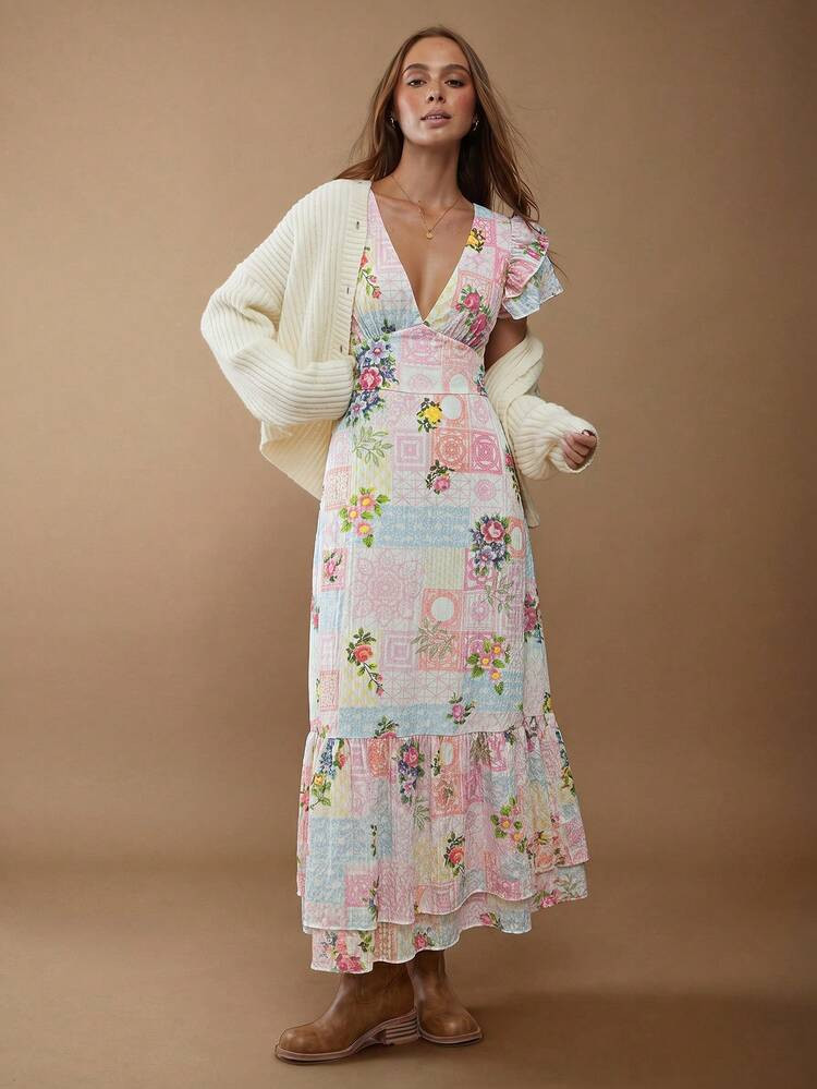WESTFADE Floral Print Chiffon V Neck Flutter Sleeve Tiered Ruffle Maxi Dress Fall, Autumn, Winter, Nashville Country Concert Outfit, Casual, Cute, Boho, Western Wear For Women, Pink Dress For Women, Women's Country Clothing, Festival Outifts | SHEIN
