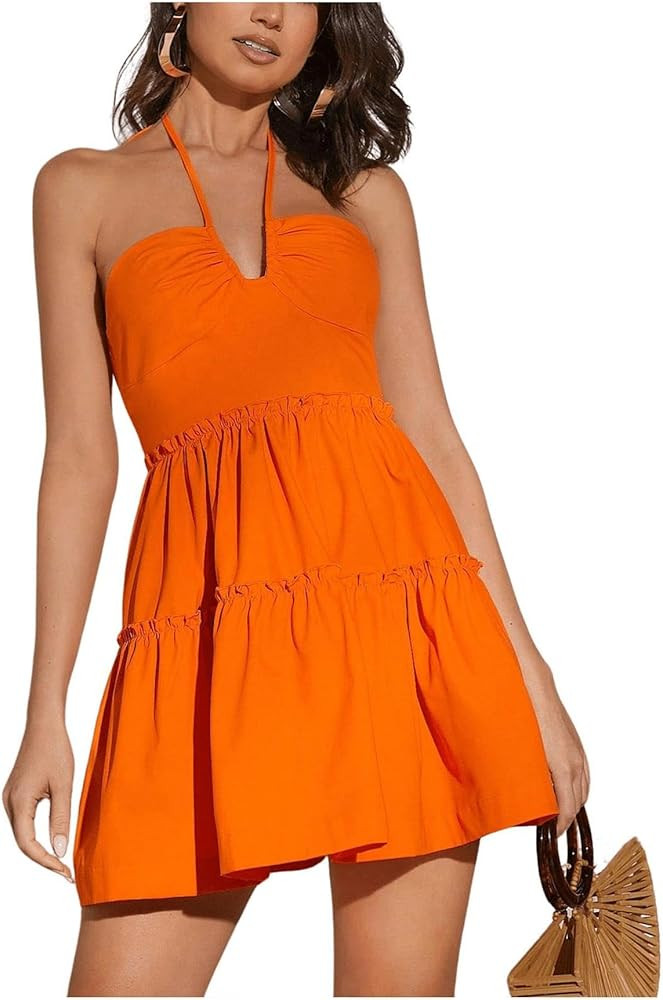 MakeMeChic Women's Sleeveless Tie Backless Halter Dress High Waisted Mini Short Smocked Dress | Amazon (US)