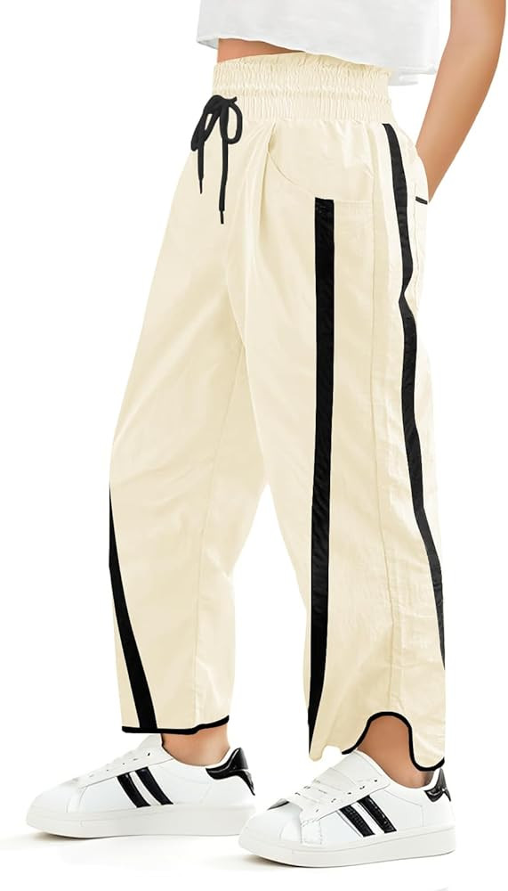 Haloumoning Girls Baggy Wide Leg Pants Kids Striped Elastic Waist Parachute Track Pants with Pock... | Amazon (US)