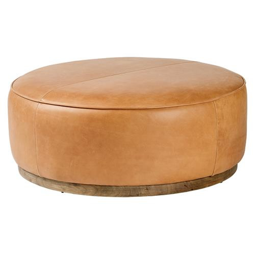 Leah Modern Classic Brown Upholstered Leather Wood Round Ottoman - Large | Kathy Kuo Home