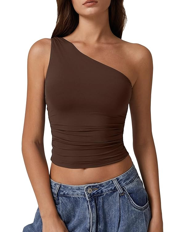 QINSEN Women's One Shoulder Tank Tops Double Lined Sleeveless Slim Fit Cropped Tee Shirt Y2k Tops | Amazon (US)