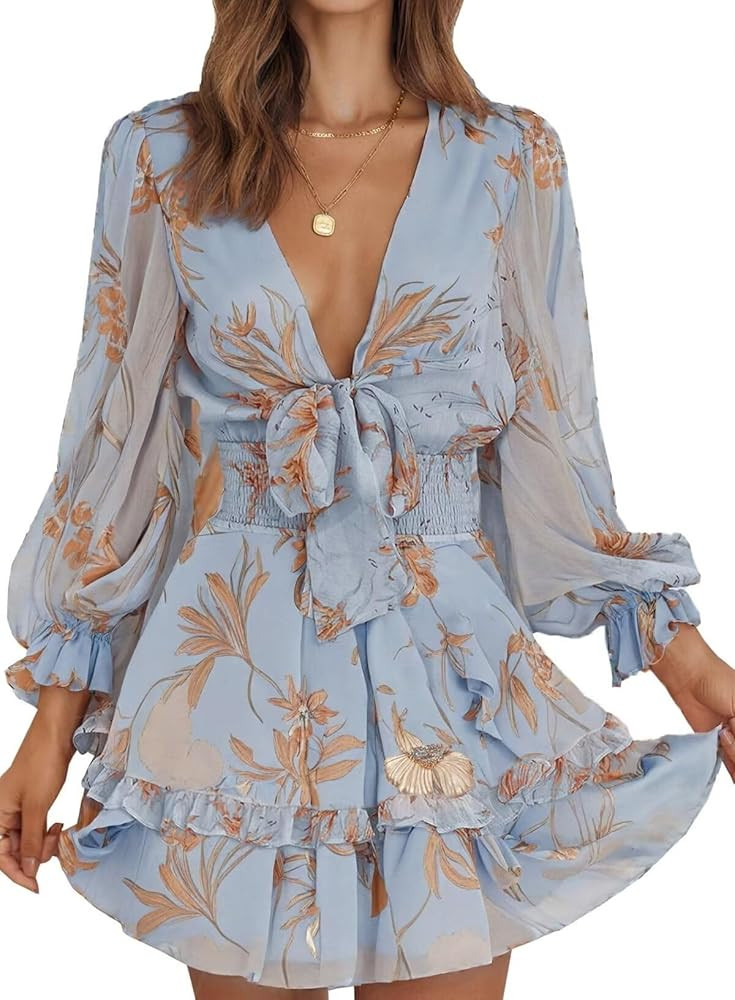 Dokotoo Womens Casual Spring Fall 2025 Deep V Neck Knotted Tiered Chiffon Elegant Mini Short Swin... | Amazon (US)