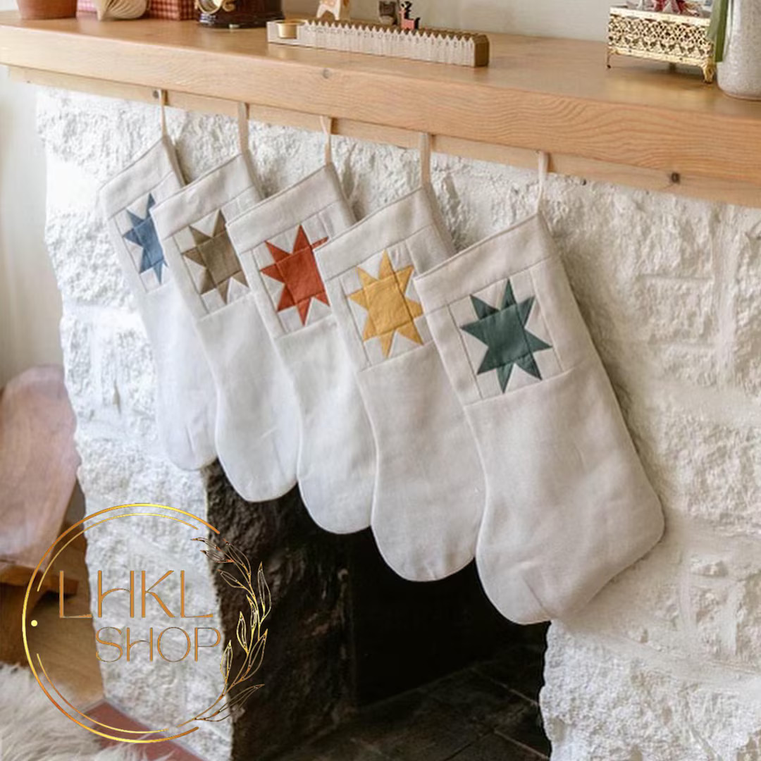 Linen Patchwork Star Stockings, Farmhouse Stockings, Xmas Decor, Family Stocking, Christmas Gift,... | Etsy (US)