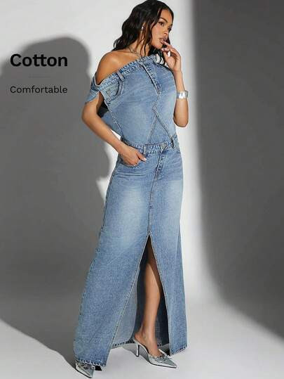 Denimoi Off Shoulder Split Front Denim Dress | SHEIN