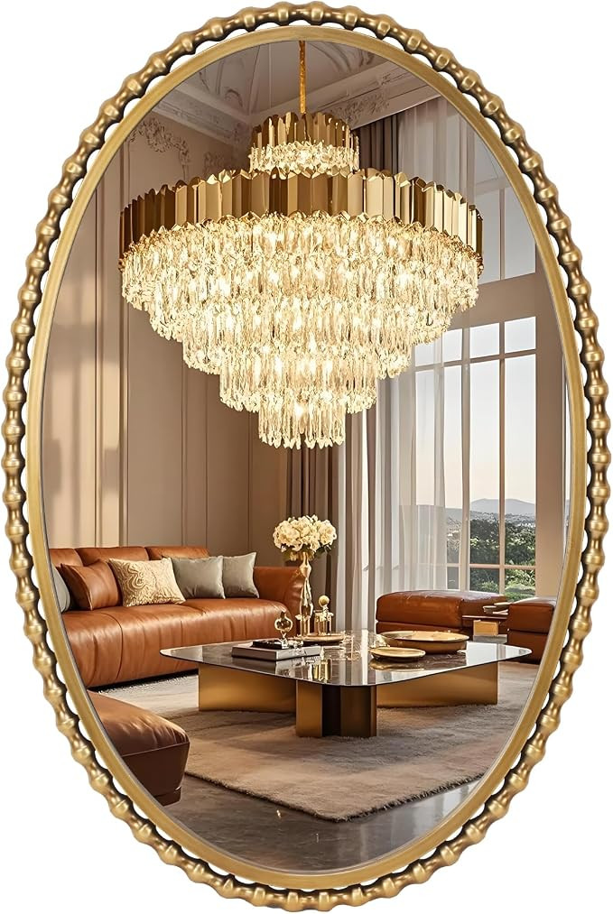24"x36" Oval Wall Mirror, Antique Gold Bold Beaded Frame | Decorative oval mirror hangs verticall... | Amazon (US)