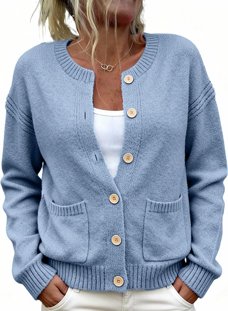 Glamaker Womens Fall Cardigans Sweaters Chunky Button Up Crew Neck Fuzzy Knit Long Sleeve Open Fr... | Amazon (US)