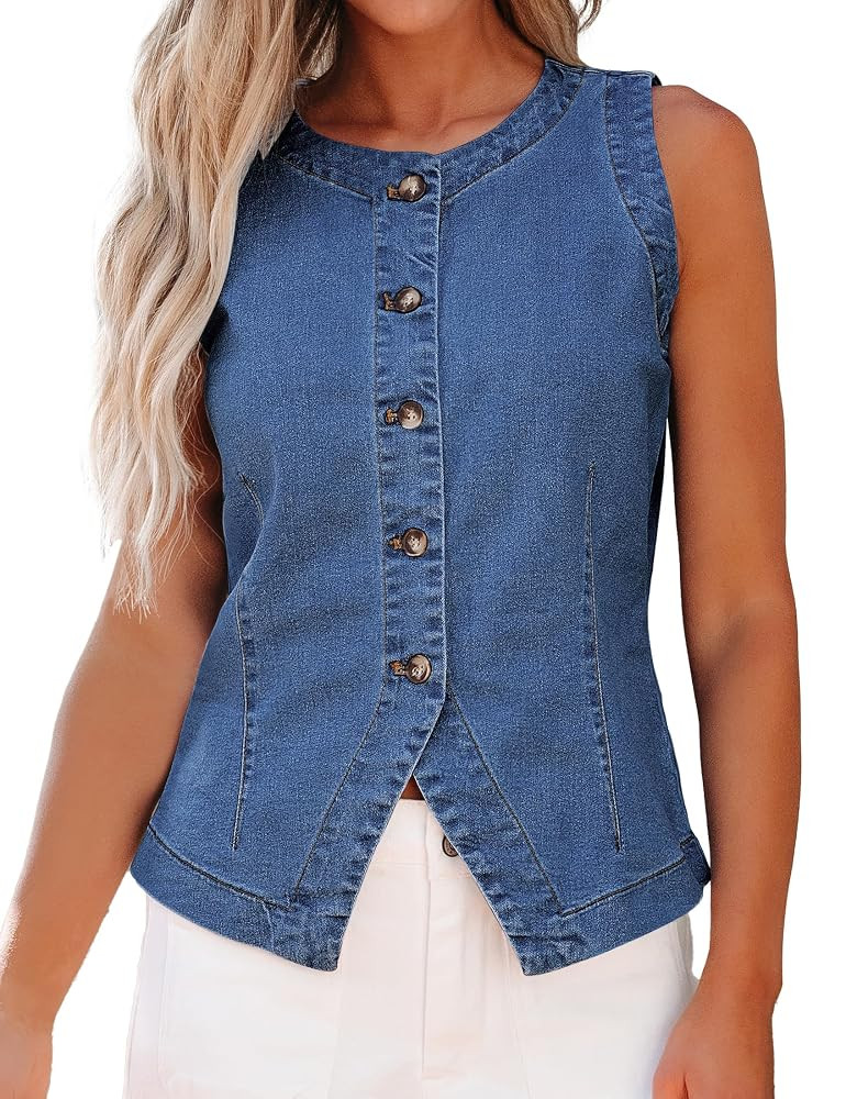 luvamia Denim Vest for Women Sleeveless Strechy Jean Vest Top Button Down Crewneck Casual Summer ... | Amazon (US)