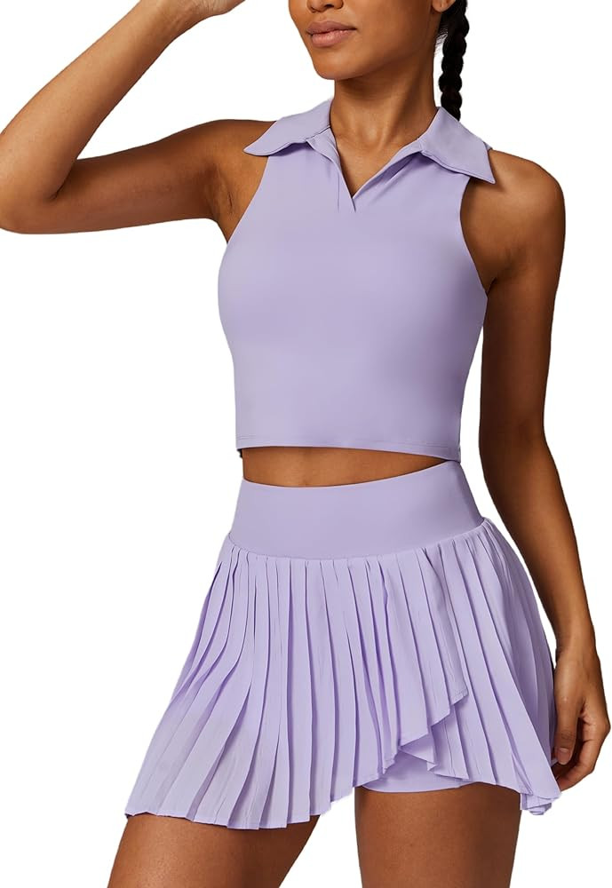 Women 2 Piece Tennis Dress Sleeveless Racerback Padded Crop Top Pleated High Waisted Tennis Skirt... | Amazon (US)