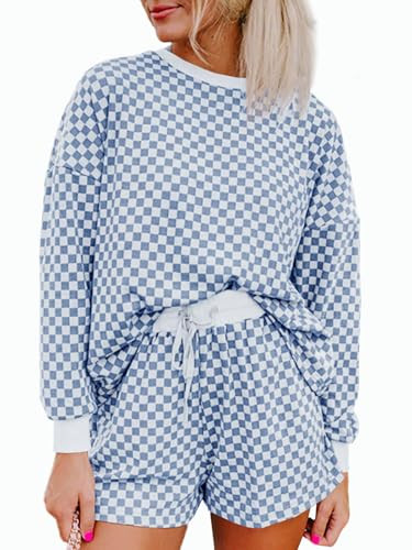 Tankaneo Womens 2 Piece Outfits Oversized Long Sleeve Checkered Plaid Tops Elastic Waist Shorts 2... | Amazon (US)