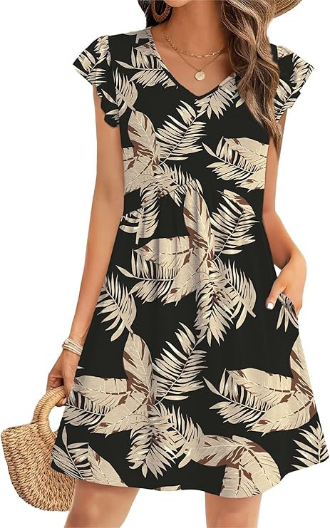 OFEEFAN Summer Dresses for Women Beach Vacation Clothes V Neck Ruffle Sleeve Babydoll Dress Elega... | Amazon (US)