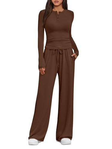 Trendy Queen Women's 2 Piece Matching Lounge Sets Fall Fashion Two Pieces Sweat Outfits Long Sleeve Wide Leg Pants Tracksuits V Neck Shirts 2025 Airport Travel Clothes Loungewear Clothing Coffee S | Amazon (US)