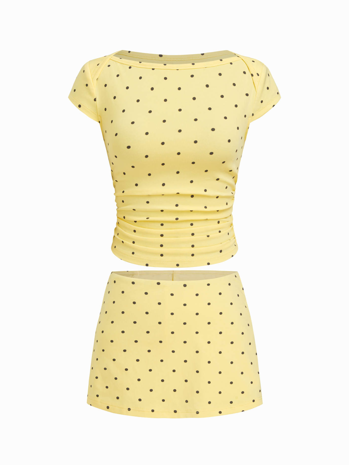 Knit Fabric Cotton-blend Boat Neck Polka Dot Ruched Tee & Mini Skort For Daily Casual | Cider