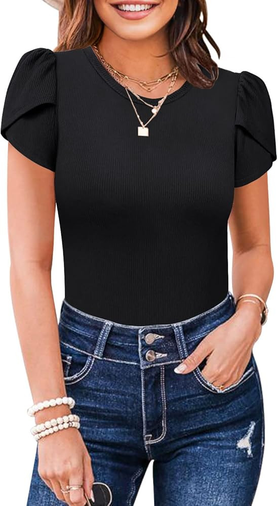 MIHOLL Women's Short Sleeve Shirt Round Neck Summer Casual Blouses Tops | Amazon (US)