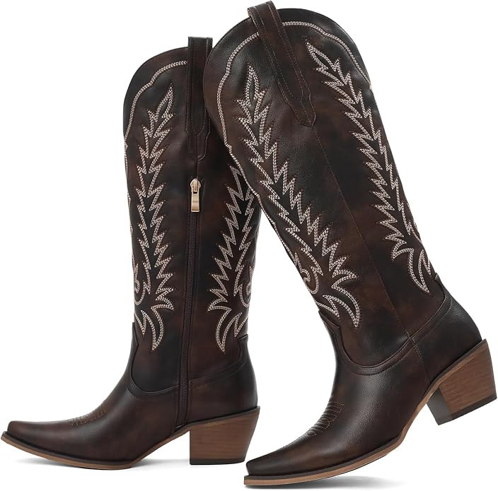 Cowboy Boots for Women: Embroidered Western Knee High Boots Women - Pointed Toe Chunky Heel Cowgi...