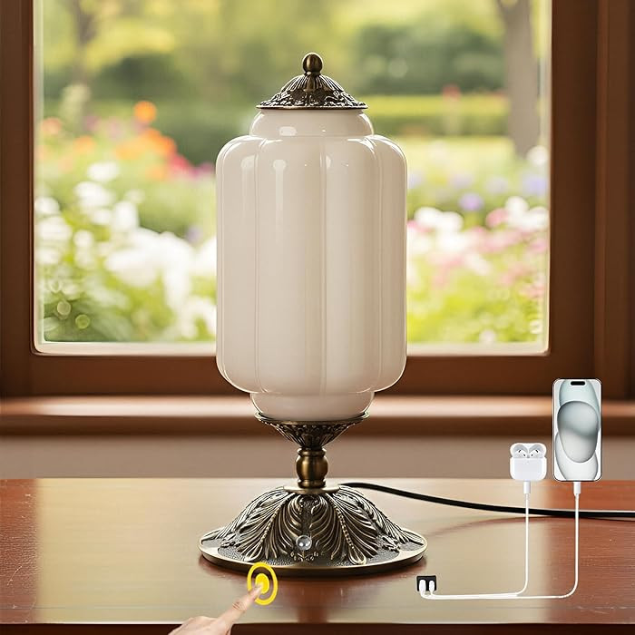 Vintage Touch Bedside Table Lamp, Elegant Milk White Glass Desk Lamp 3 Way Dimmable with USB C+A ... | Amazon (US)