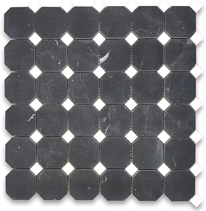 Stone Center Online Nero Marquina Black Marble 2 inch Octagon Mosaic Tile w/Thassos White Dots Ho... | Amazon (US)
