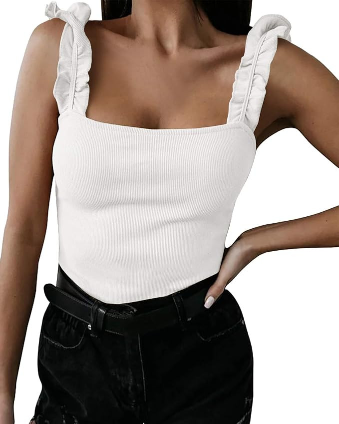 Imysty Women's Square Neck Ruffle Strap Stretchy Ribbed Basic Cami Bodysuit Jumpsuits | Amazon (US)