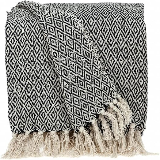 HomeRoots Boho Black and Beige Woven Diamond Pattern Throw with Tassels | Amazon (US)