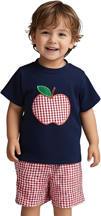 Pudcoco Kids Toddler Boys Back to School Outfit Apple Applique Shirt + Plaid Shorts First Day of ... | Amazon (US)
