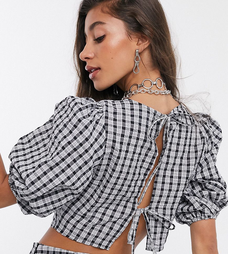 Reclaimed Vintage inspired puff sleeve top with tie back detail in textured check-Black | ASOS (Global)
