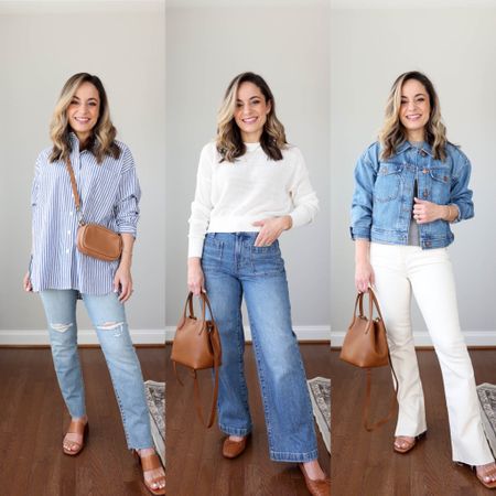 New spring jeans @madewell! #ad 

Outfits from left 

Outfit 1: 
Perfect vintage jeans: petite 24 
Oversized top: xxs 
Shoes: tts 

Outfit 2: 
White sweater: xxs 
Wide leg jeans: petite 24 
Flats: size down 1/2 size 

Outfit 3: 
Denim jacket: xxs 
Gray t-shirt: xxs 
Full length kick out jeans: petite 24 
Shoes: tts 

My measurements for reference: 4’10” 105lbs bust, waist, hips 32”, 24”, 35” size 5 shoe 

#madewell #madewellpartner

#LTKSeasonal #LTKstyletip