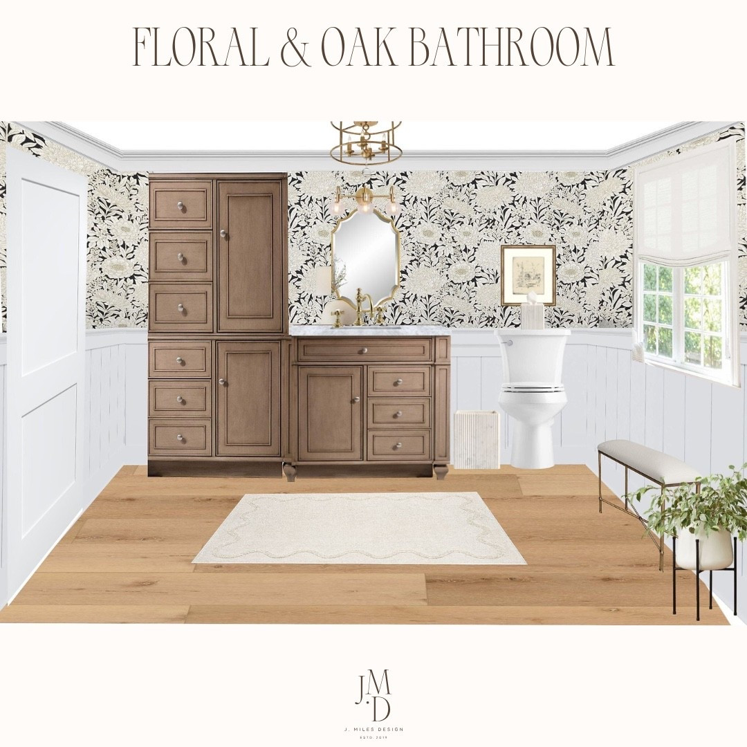 Botanical charm meets modern cottage style 🌿 Neutral florals, soft wood tones, and brass accents come together to create the perfect warm + welcoming bathroom design. 

#LTKHome #LTKSaleAlert