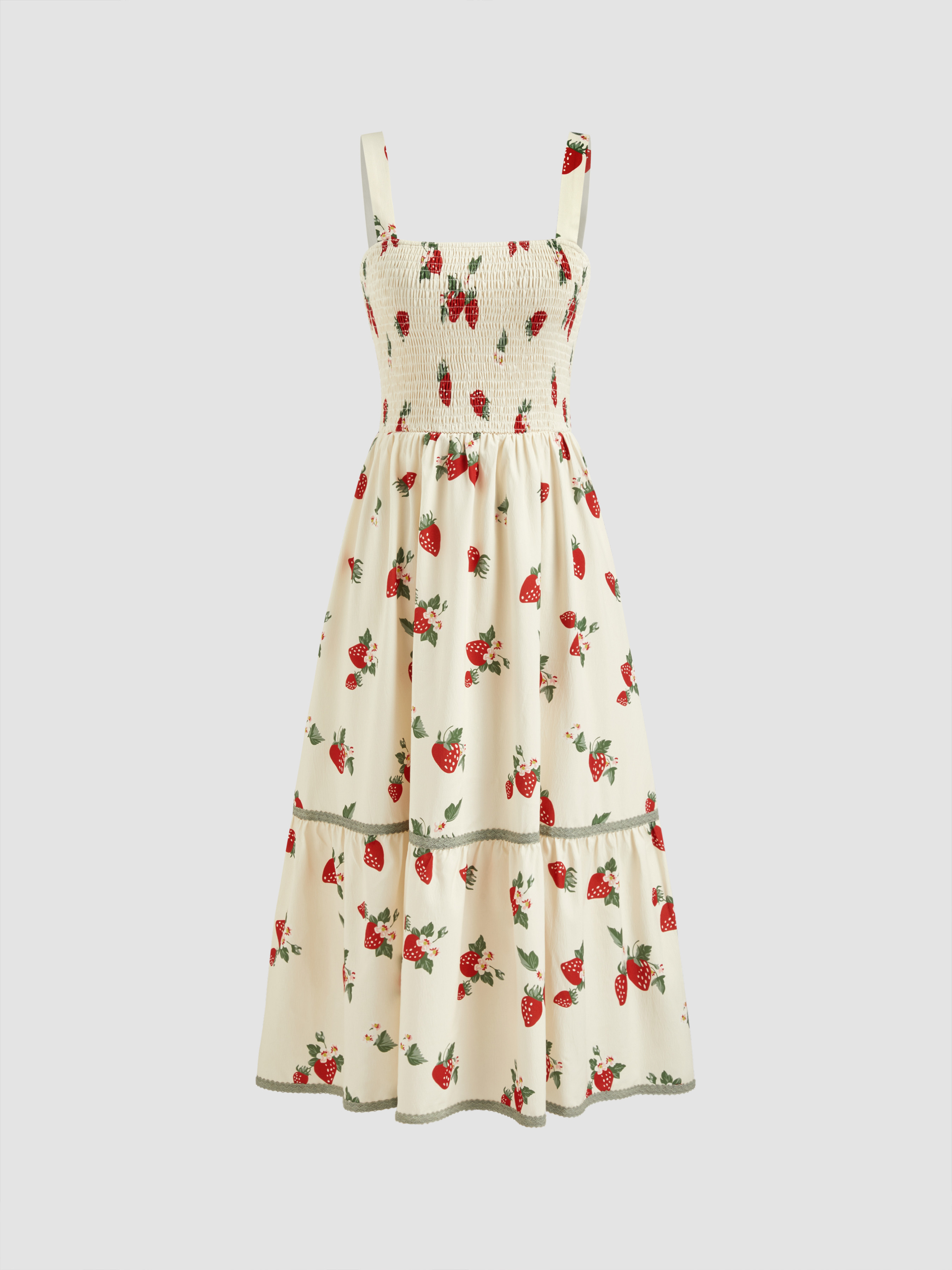 Woven Square Neck Strawberry Shirred Tiered Maxi Dress For Vacation | Cider