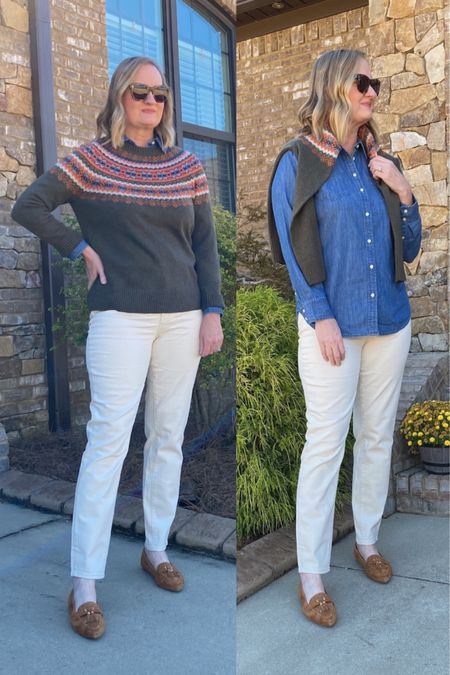 It’s sweater season, so I’m wearing the colors and textures of Fall. @talbotsofficial has a beautiful mix of both neutrals and color tones, like this fair isle sweater, denim shirt, cream-
color jeans and suede flats that you can style different ways.

 #mytalbots #talbots #talbotspartner #fallfashion #outfitinspo #modernclassicstyle #sponsored #fallstyle #fashionover40 #fashionover50 
