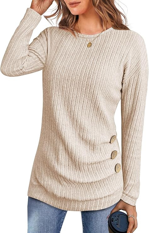 ANRABESS Womens Long Sleeve Tunic Top 2025 Fall Sweaters Lightweight Ribbed Knit Buttons Shirts C... | Amazon (US)