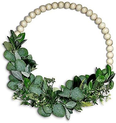 ZIKRA HOME Wood Beads and Eucalyptus Wreath - All Seasons Indoor/Outdoor Farmhouse Wreaths for Fr... | Amazon (US)
