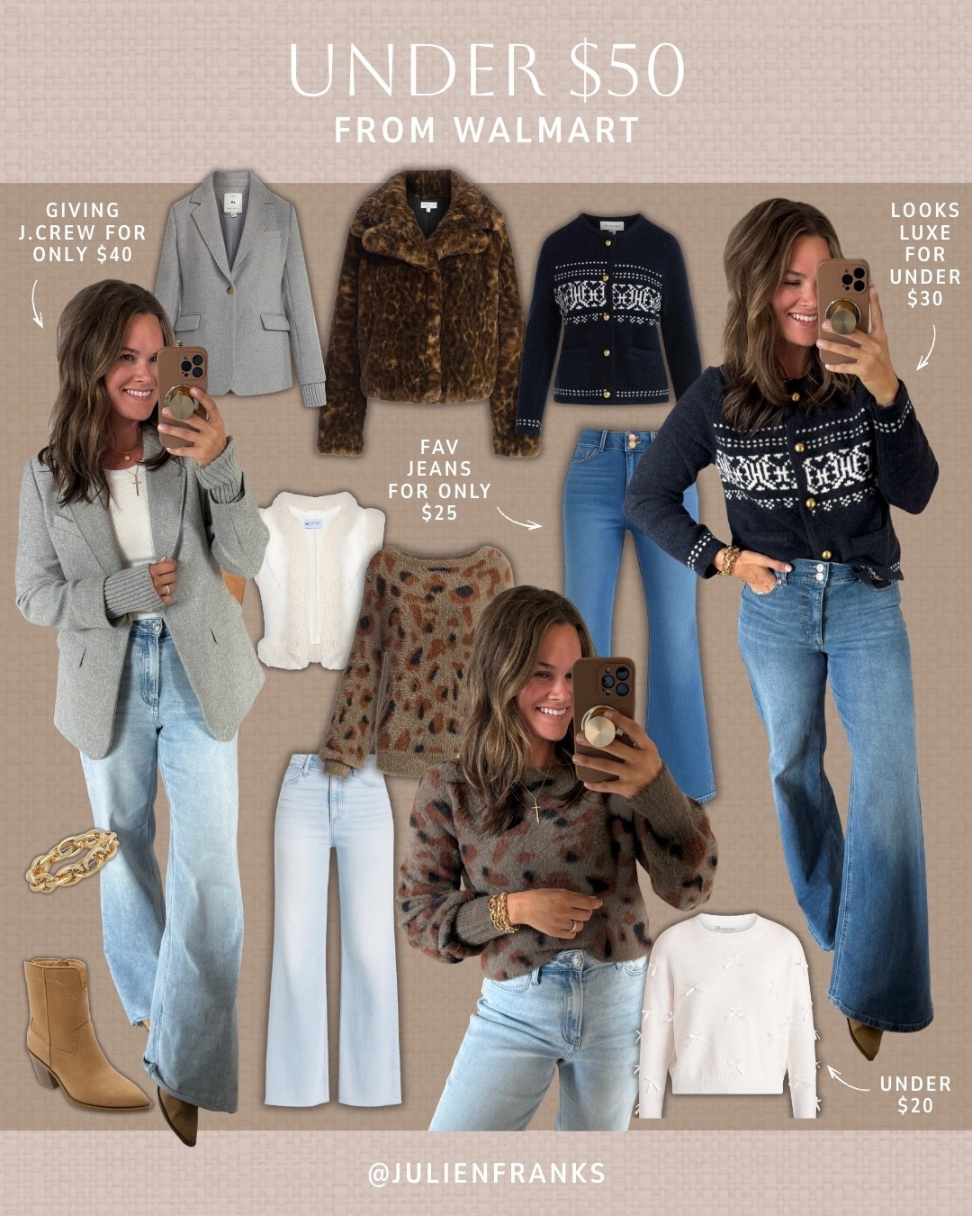 So many cute finds at Walmart for under $50! 🤎 I’ve been loving these layering pieces and closet staples all season. 

#walmartfinds #salealert #closetessentials #casualoutfits #everydayoutfits #winteroutfits #layeringpieces #denim #highwaistedjeans #sweaters #fairisle #fauxfur

#LTKHoliday #LTKFindsUnder50 #LTKSeasonal