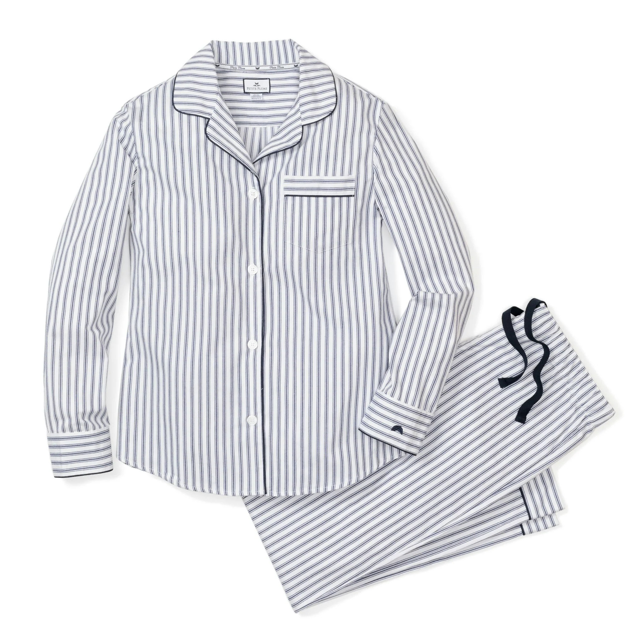 Women's Twill Pajama Set in Navy French Ticking | Petite Plume