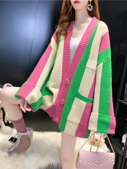 Cardigan Women 2023 Autumn Winter Loose Sweater Coat Stripe Color Matching Knitted Cardigan Long ... | AliExpress (US)