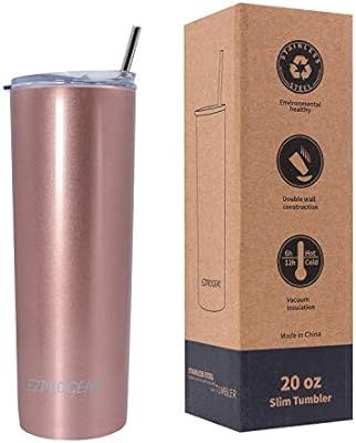 Ezprogear 20 oz Rose Gold Stainless Steel Slim Skinny Coffee Tumbler Vacuum Insulated with Straw ... | Amazon (US)