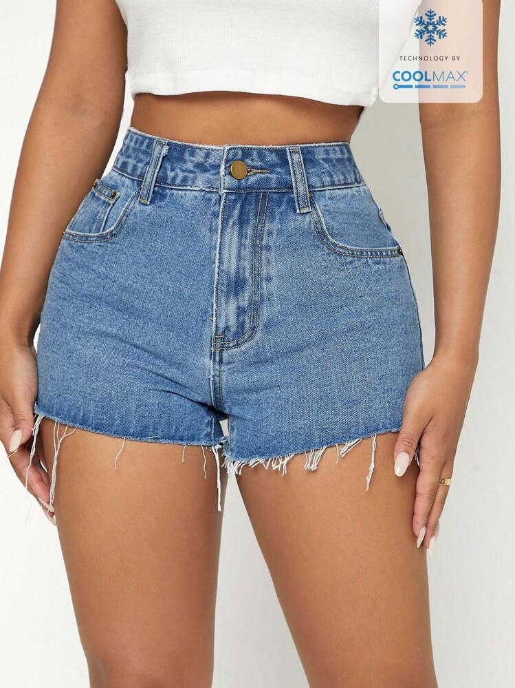 SHEIN PETITE Solid Color Frayed Hem Slim Fit Casual Denim Shorts | SHEIN