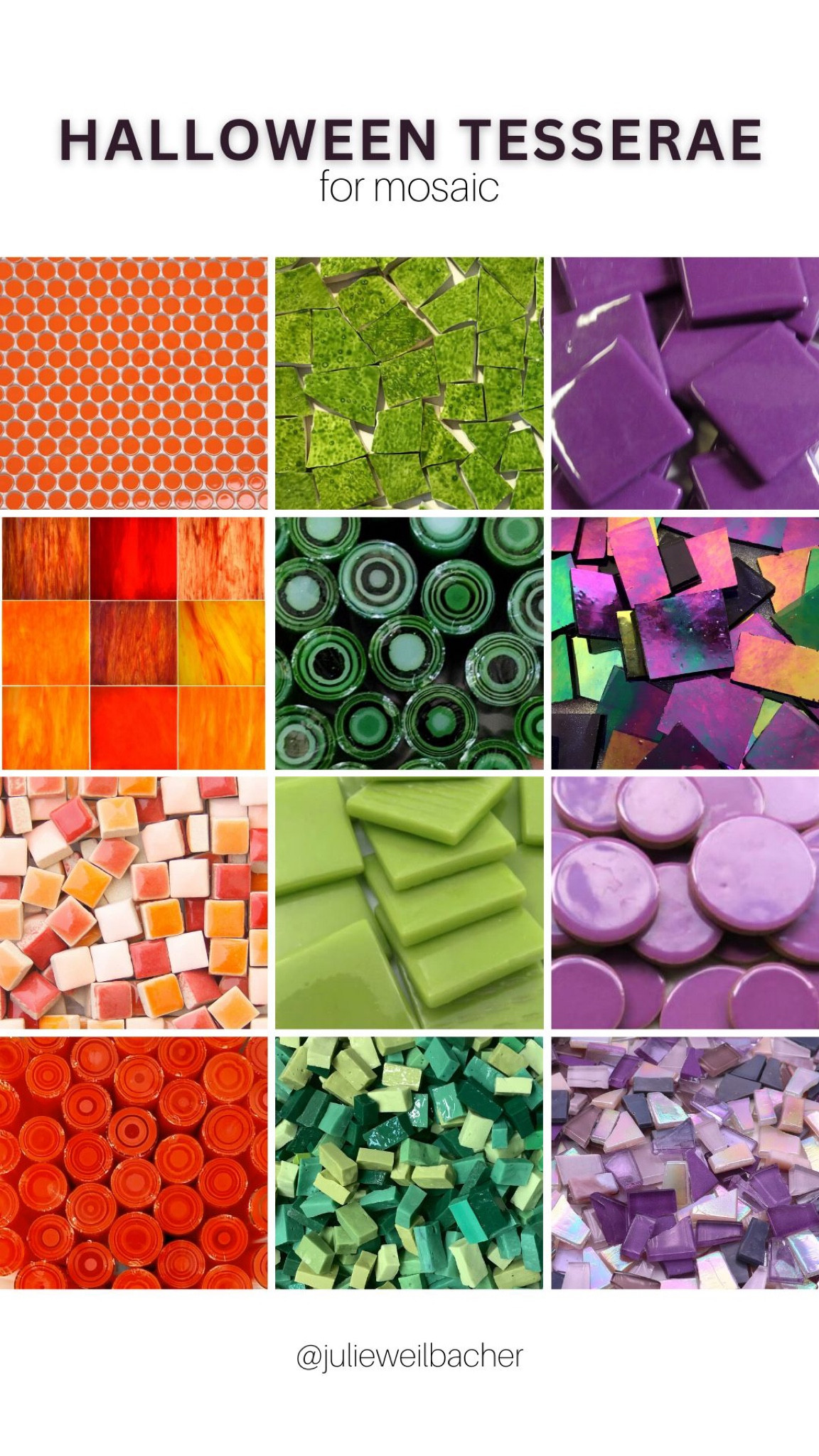 It’s time to start planning your Halloween mosaic!💚🧡💜

Choose from tesserae like penny rounds, hand-painted ceramic, glass rods, stained glass, smalti, and ceramic tile.

For mosaic tips, tutorials, inspiration, and so much more please visit my YouTube channel: YouTube.com/julieweilbacher. 

Follow @julieweilbacher on Instagram for all things mosaic art.

#LTKhome #LTKSeasonal #LTKHalloween