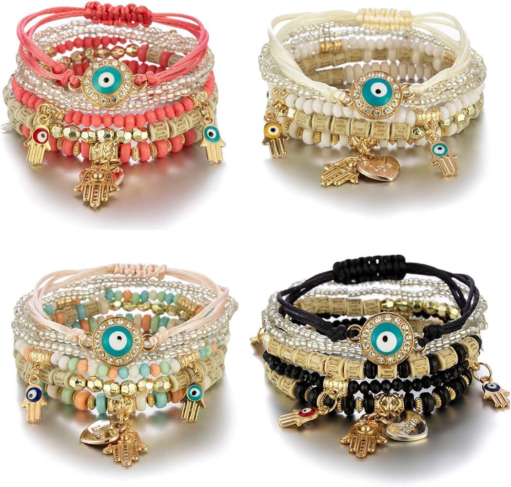 4 Sets Bohemian Stretch Beads Bracelets Multilayer Evil Eye Hamsa Hand Bracelet Boho Charms Stret... | Amazon (US)