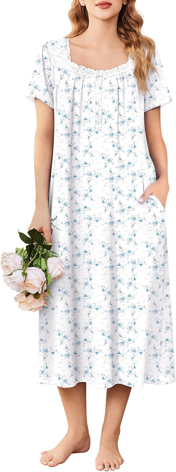 Ekouaer Long Nightgowns for Women Soft Ladies Sleepwear Gowns Short Sleeve Nightdress Button Hous... | Amazon (US)